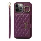 For iPhone 12 Pro Horizontal Card Bag Ring Holder Phone Case with Dual Lanyard(Dark Purple) - 1