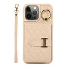 For iPhone 12 Pro Horizontal Card Bag Ring Holder Phone Case with Dual Lanyard(Beige) - 1