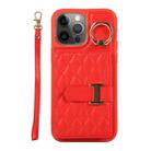 For iPhone 12 Pro Horizontal Card Bag Ring Holder Phone Case with Dual Lanyard(Red) - 1