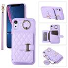 For iPhone XR Horizontal Card Bag Ring Holder Phone Case with Dual Lanyard(Dark Purple) - 1