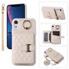 For iPhone XR Horizontal Card Bag Ring Holder Phone Case with Dual Lanyard(Beige) - 1