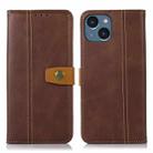 For iPhone 15 Plus Stitching Thread Calf Texture Leather Phone Case(Coffee) - 1