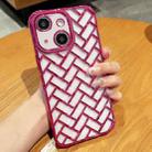 For iPhone 14 Plus Woven Grid 3D Electroplating Laser Engraving Phone Case(Rose Red) - 1