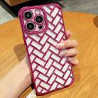 For iPhone 14 Pro Woven Grid 3D Electroplating Laser Engraving Phone Case(Rose Red) - 1