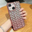 For iPhone 14 Plus Woven Grid 3D Electroplating Laser Engraving Glitter Paper Phone Case(Rose Gold) - 1