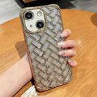 For iPhone 14 Plus Woven Grid 3D Electroplating Laser Engraving Glitter Paper Phone Case(Gold) - 1