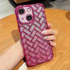 For iPhone 14 Plus Woven Grid 3D Electroplating Laser Engraving Glitter Paper Phone Case(Rose Red) - 1