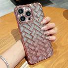 For iPhone 14 Pro Woven Grid 3D Electroplating Laser Engraving Glitter Paper Phone Case(Rose Gold) - 1