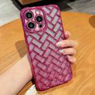 For iPhone 14 Pro Woven Grid 3D Electroplating Laser Engraving Glitter Paper Phone Case(Rose Red) - 1