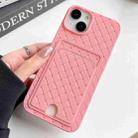 For iPhone 14 Plus Weave Texture Card Slot Skin Feel Phone Case with Push Card Hole(Pink) - 1