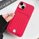 For iPhone 14 Plus Weave Texture Card Slot Skin Feel Phone Case with Push Card Hole(Rose Red) - 1
