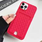 For iPhone 13 Pro Max Weave Texture Card Slot Skin Feel Phone Case with Push Card Hole(Rose Red) - 1