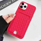 For iPhone 11 Pro Max Weave Texture Card Slot Skin Feel Phone Case with Push Card Hole(Rose Red) - 1