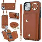 For iPhone 14 Plus Zipper Card Bag Phone Case with Dual Lanyard(Brown) - 1