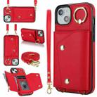 For iPhone 14 Plus Zipper Card Bag Phone Case with Dual Lanyard(Red) - 1