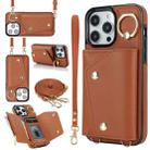 For iPhone 14 Pro Zipper Card Bag Phone Case with Dual Lanyard(Brown) - 1