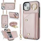 For iPhone 13 Zipper Card Bag Phone Case with Dual Lanyard(Rose Gold) - 1