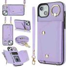 For iPhone 13 mini Zipper Card Bag Phone Case with Dual Lanyard(Purple) - 1