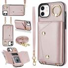 For iPhone 12 / 12 Pro Zipper Card Bag Phone Case with Dual Lanyard(Rose Gold) - 1