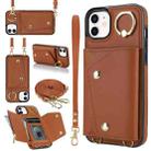 For iPhone 12 / 12 Pro Zipper Card Bag Phone Case with Dual Lanyard(Brown) - 1