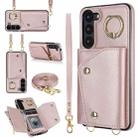 For Samsung Galaxy S23 5G Zipper Card Bag Phone Case with Dual Lanyard(Rose Gold) - 1