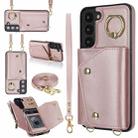 For Samsung Galaxy S22 5G Zipper Card Bag Phone Case with Dual Lanyard(Rose Gold) - 1