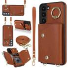 For Samsung Galaxy S22 5G Zipper Card Bag Phone Case with Dual Lanyard(Brown) - 1