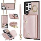 For Samsung Galaxy S22 Ultra 5G Zipper Card Bag Phone Case with Dual Lanyard(Rose Gold) - 1