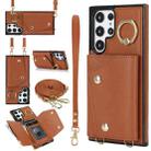 For Samsung Galaxy S22 Ultra 5G Zipper Card Bag Phone Case with Dual Lanyard(Brown) - 1