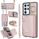 For Samsung Galaxy S21 Ultra 5G Zipper Card Bag Phone Case with Dual Lanyard(Rose Gold) - 1