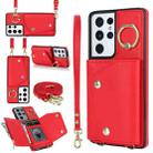 For Samsung Galaxy S21 Ultra 5G Zipper Card Bag Phone Case with Dual Lanyard(Red) - 1