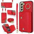 For Samsung Galaxy S21 FE 5G Zipper Card Bag Phone Case with Dual Lanyard(Red) - 1