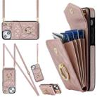 For iPhone 14 Plus Rhombic Texture Card Bag Phone Case with Long Lanyard(Rose Gold) - 1