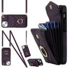 For iPhone 14 Plus Rhombic Texture Card Bag Phone Case with Long Lanyard(Dark Purple) - 1