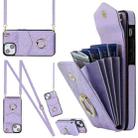 For iPhone 14 Plus Rhombic Texture Card Bag Phone Case with Long Lanyard(Light Purple) - 1