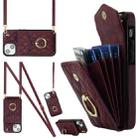 For iPhone 13 Rhombic Texture Card Bag Phone Case with Long Lanyard(Wine Red) - 1