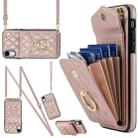 For iPhone XR Rhombic Texture Card Bag Phone Case with Long Lanyard(Rose Gold) - 1