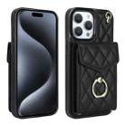 For iPhone 15 Pro Max Rhombic Texture Card Bag Phone Case with Long Lanyard(Black) - 1