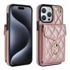 For iPhone 15 Pro Max Rhombic Texture Card Bag Phone Case with Long Lanyard(Rose Gold) - 1