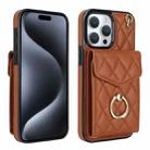 For iPhone 15 Pro Max Rhombic Texture Card Bag Phone Case with Long Lanyard(Brown) - 1