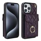 For iPhone 15 Pro Max Rhombic Texture Card Bag Phone Case with Long Lanyard(Dark Purple) - 1