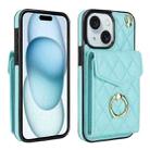 For iPhone 15 Plus Rhombic Texture Card Bag Phone Case with Long Lanyard(Mint Green) - 1