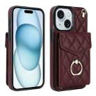 For iPhone 15 Plus Rhombic Texture Card Bag Phone Case with Long Lanyard(Wine Red) - 1