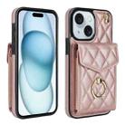 For iPhone 15 Rhombic Texture Card Bag Phone Case with Long Lanyard(Rose Gold) - 1