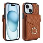 For iPhone 15 Rhombic Texture Card Bag Phone Case with Long Lanyard(Brown) - 1