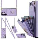 For Samsung Galaxy S23 Ultra 5G Rhombic Texture Card Bag Phone Case with Long Lanyard(Light Purple) - 1