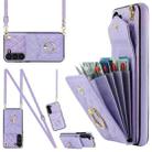 For Samsung Galaxy S23 5G Rhombic Texture Card Bag Phone Case with Long Lanyard(Light Purple) - 1