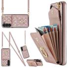 For Samsung Galaxy S24 5G Rhombic Texture Card Bag Phone Case with Long Lanyard(Rose Gold) - 1