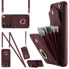 For Samsung Galaxy S24 5G Rhombic Texture Card Bag Phone Case with Long Lanyard(Wine Red) - 1