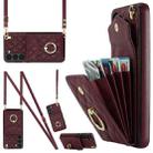 For Samsung Galaxy S24+ 5G Rhombic Texture Card Bag Phone Case with Long Lanyard(Wine Red) - 1